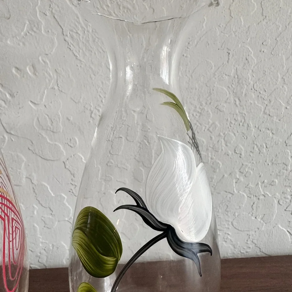 Vintage Vase Set‎ (2) Glass Floral Butterfly Clear Cottagecore Countrycore